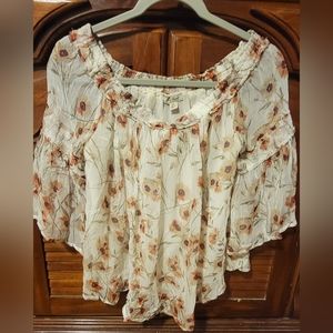Lucky Brand Sheer Layered Floral Top withFlowing Bell Sleeves, Size XS